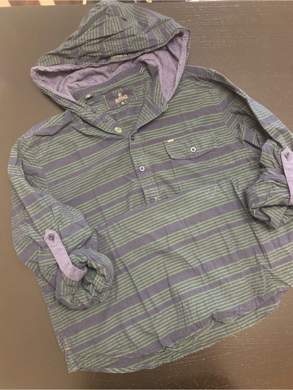 Buffalo David Bitton XL Navy & Green Striped Hooded Pullover Shirt